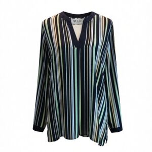 Vince Camuto Women's L Waterlake Striped Split Neck Long Sleeve Blouse